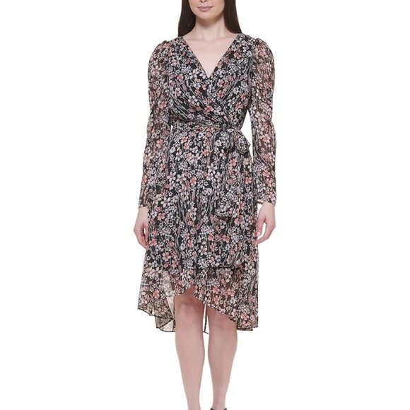 Tommy Hilfiger Chiffon Metallic Woven Wrap Dress, Black Multi, size 2 (MSRP$149) - Picture 1 of 3